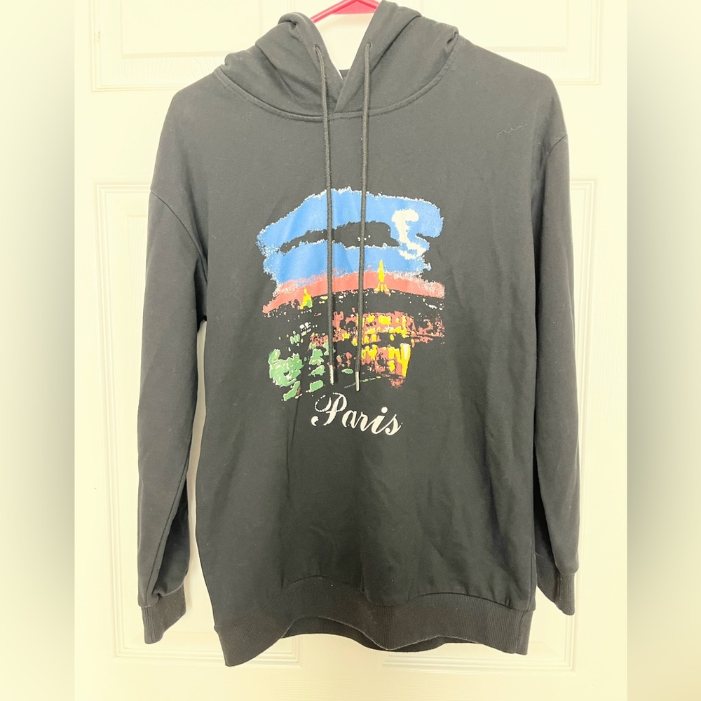 Black 'Paris' Graphic Hoodie with Colorful Print Size M
